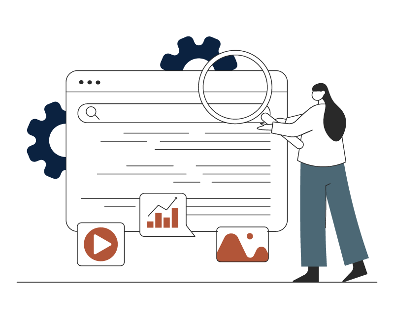 Maintenance de site web - Performance illustration pour la maintenance de site web : Ordinateur avec loupe de recherche de bug ou de dysfonctionnement